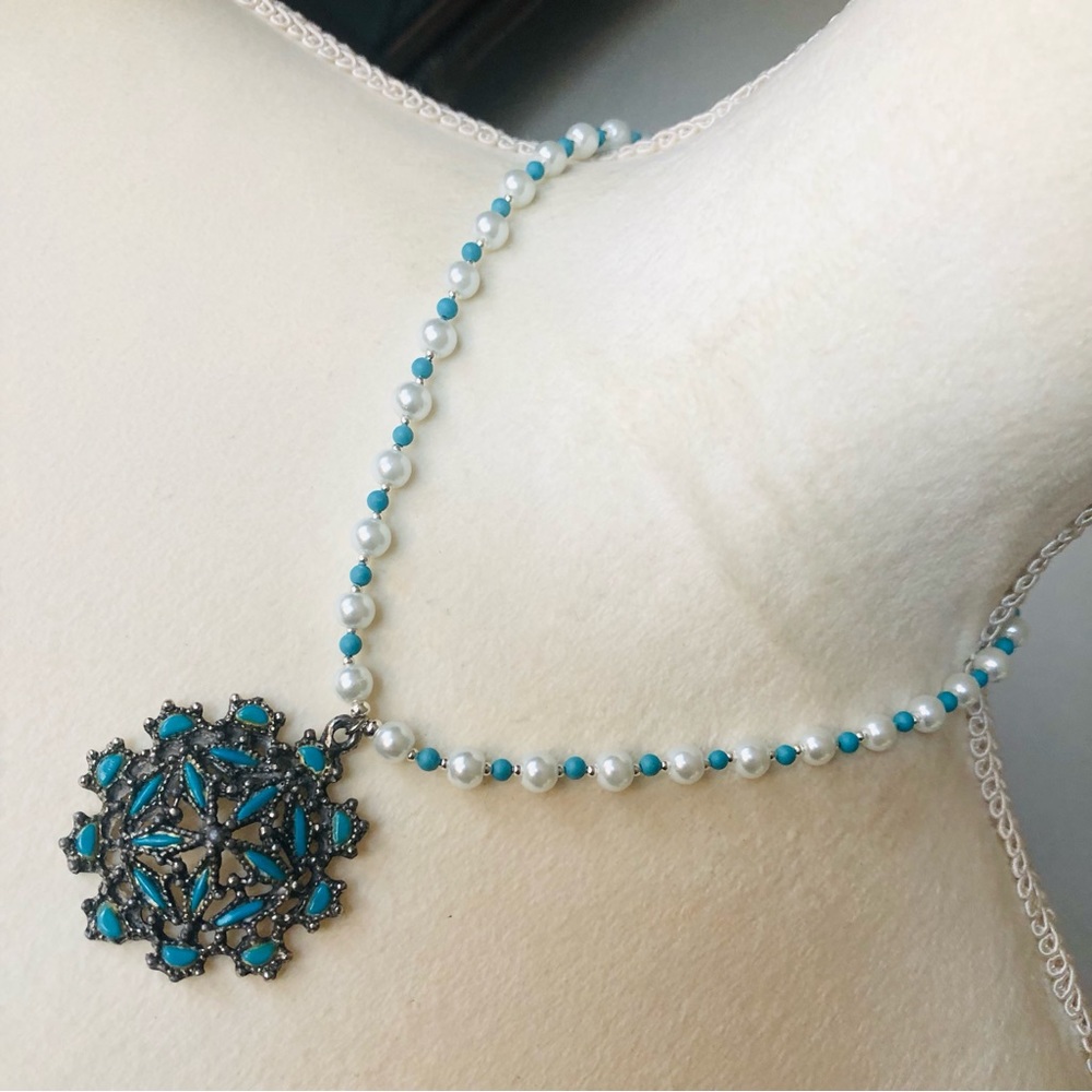 Handcrafted repurpose howlite cluster pendant Czech glass Pearl necklace